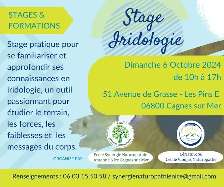 stage_iridologie_ecole_synergie_nice_cagnessurmer_octobre2024 Stage iridologie à Cagnes sur Mer le 6 octobre 2024 - Ecole Synergie et CéNaturo06 Cécile Vioujas